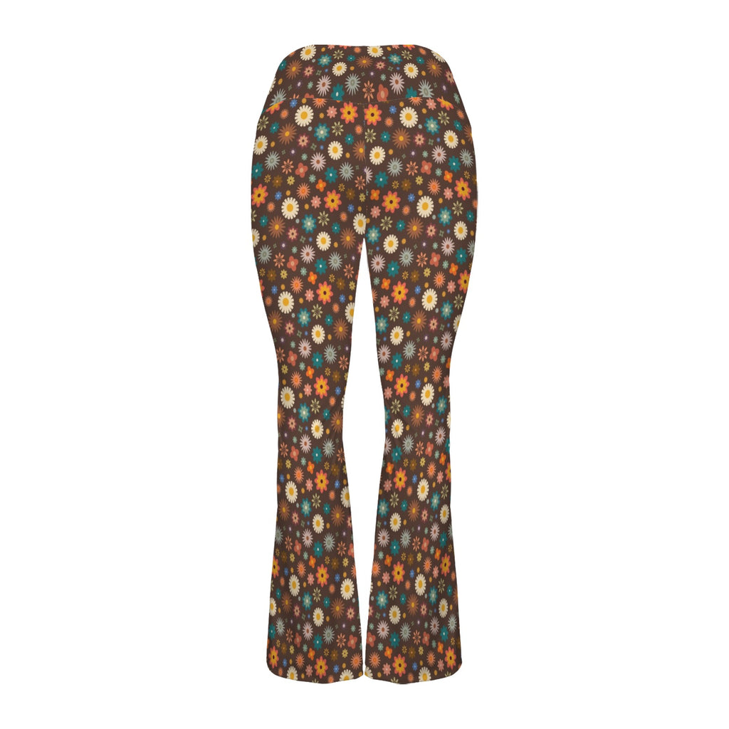 Abstract Floral On Brown High Waist Crossover Tummy Control Flare Leggings