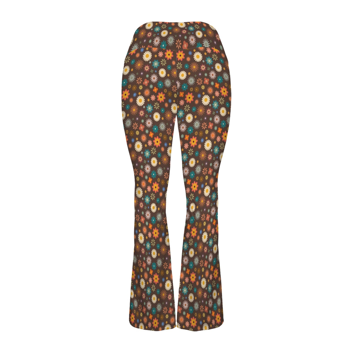 Abstract Floral On Brown High Waist Crossover Tummy Control Flare Leggings