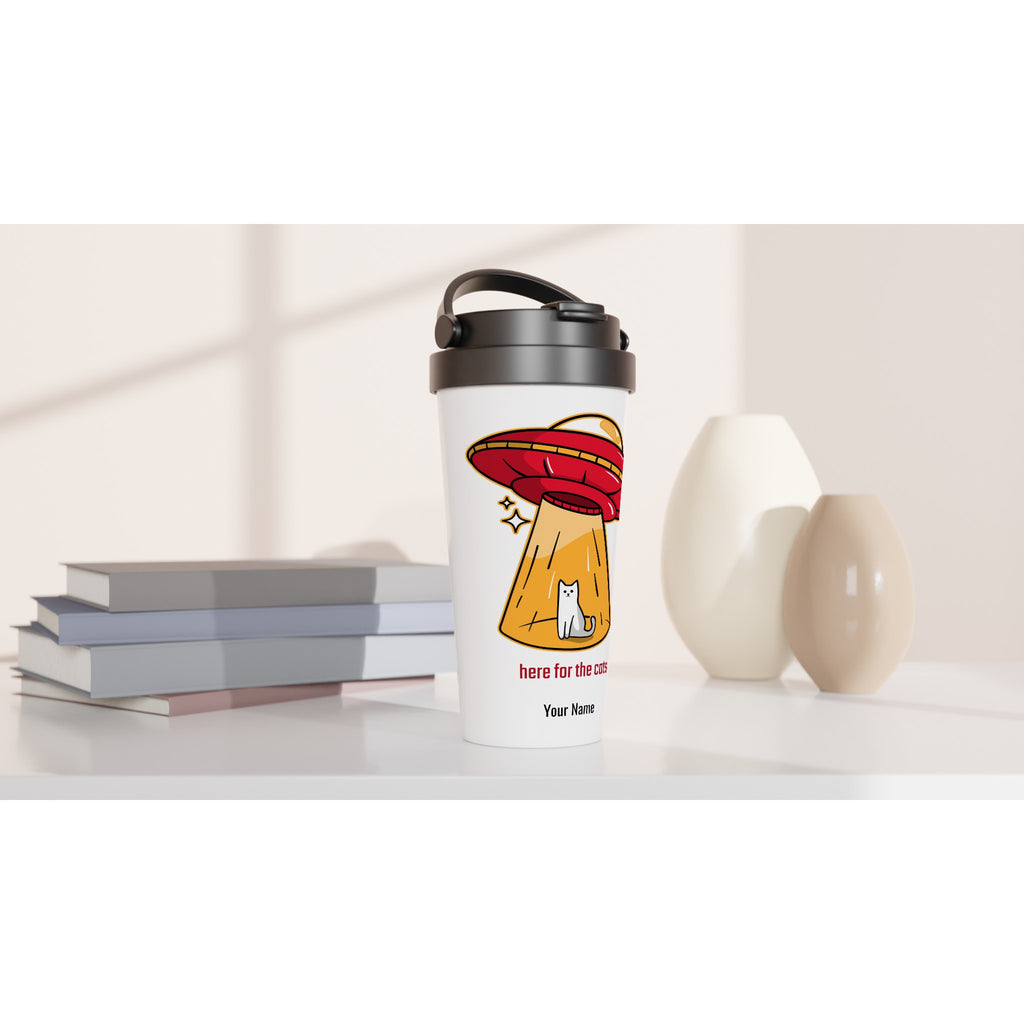 Personalised - Here For The Cats, Alien Abduction, UFO - White 15oz Stainless Steel Travel Mug Personalised Travel Mug animal Globally Fulfilled Sci Fi