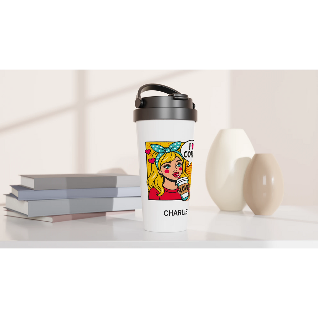 Personalised I Love Coffee, Retro Pop Art White 15oz Stainless Steel Travel Mug Personalised Travel Mug Coffee comic Globally Fulfilled Retro