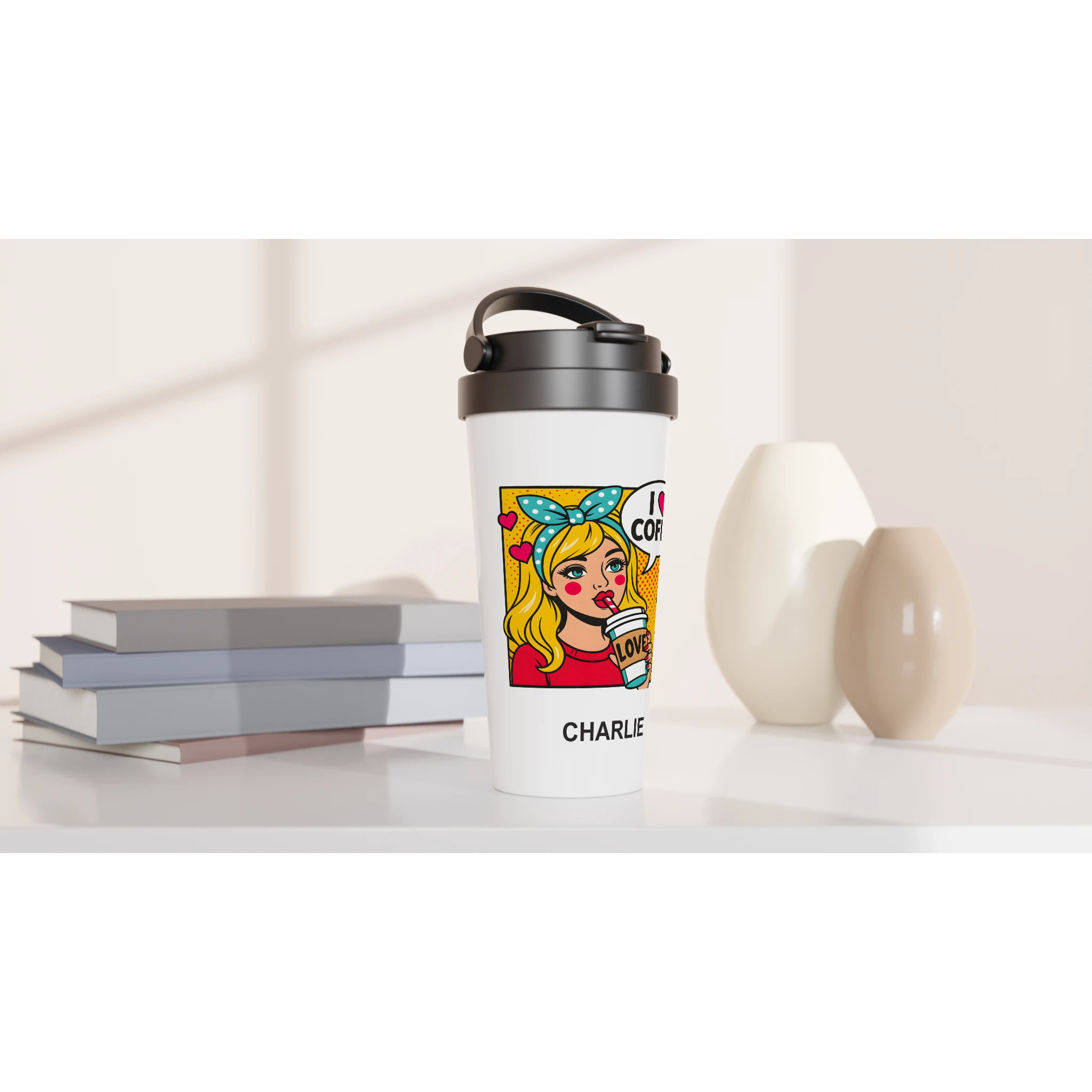 Personalised I Love Coffee, Retro Pop Art White 15oz Stainless Steel Travel Mug Personalised Travel Mug Coffee comic Globally Fulfilled Retro