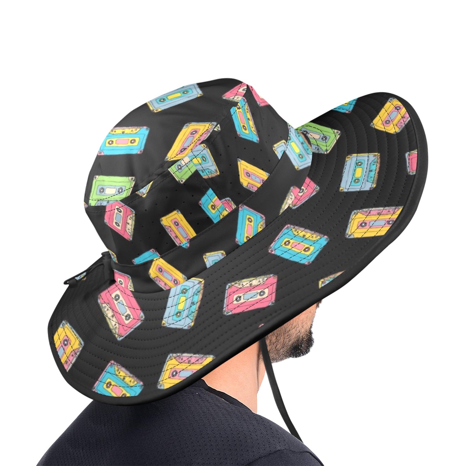 Colourful Cassettes - Wide Brim Bucket Hat Wide Brim Bucket Hat Music Printed Offshore Retro
