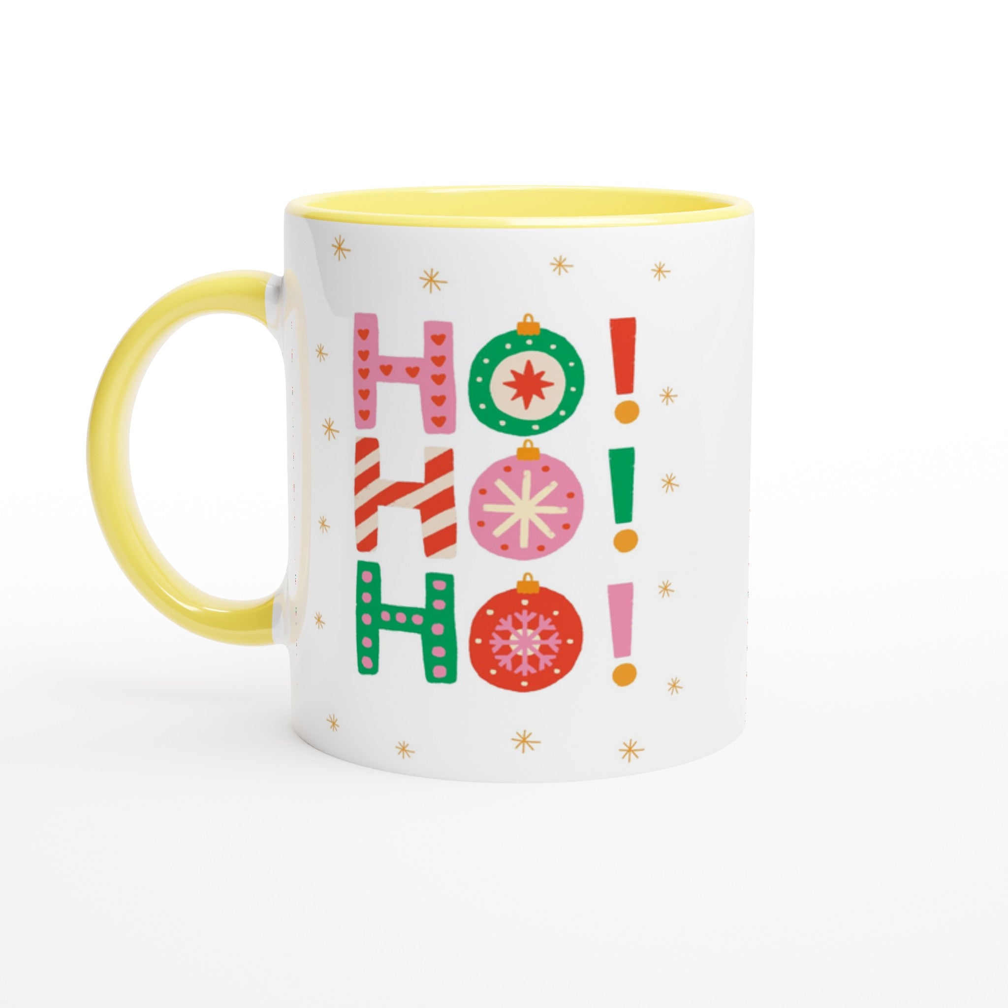 Christmas Ho Ho Ho - White 11oz Ceramic Mug with Colour Inside Ceramic Yellow Christmas Colour Mug Christmas Globally Fulfilled