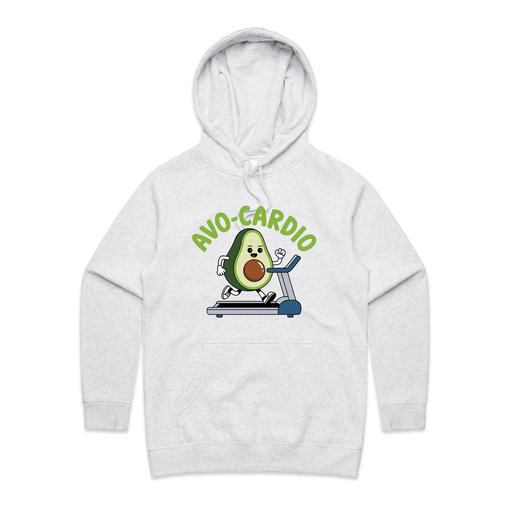 Avo-Cardio, Avocado Treadmill - Womens Hoodie White Marle Womens Hoodie Fitness Food Printed In Australia