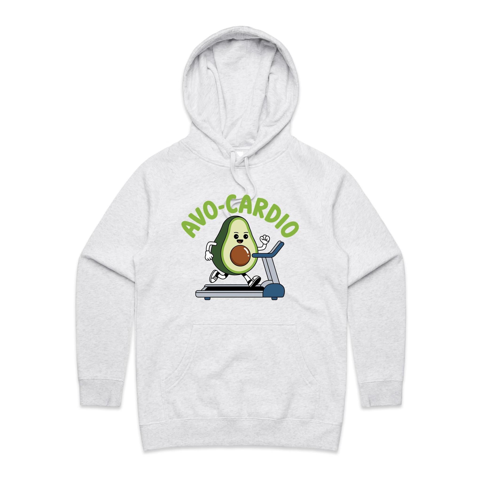 Avo-Cardio, Avocado Treadmill - Womens Hoodie White Marle Womens Hoodie Fitness Food Printed In Australia