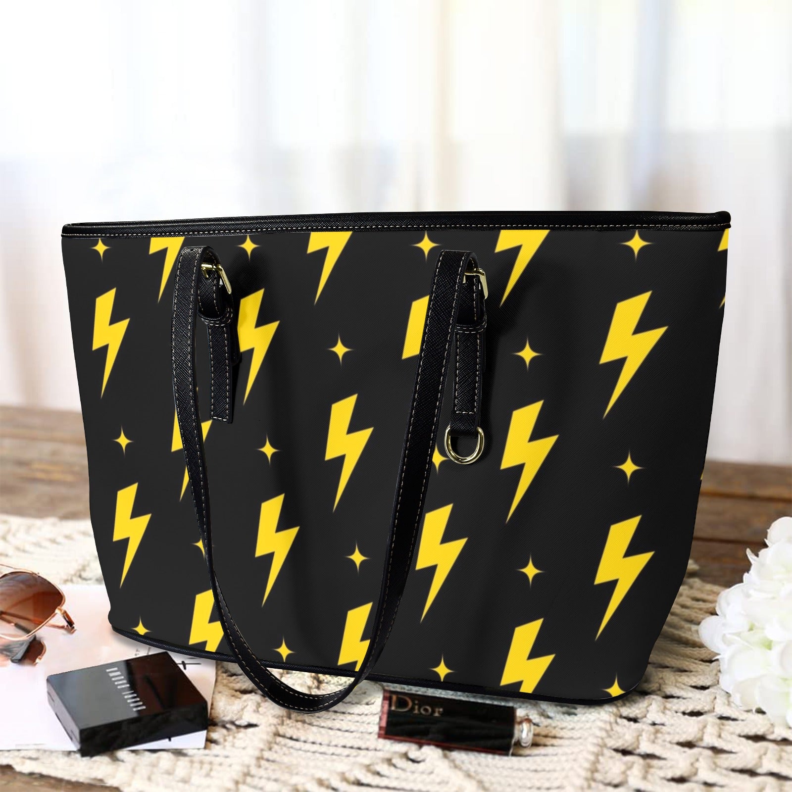 Yellow Lightning - Leather Tote Bag-Large
