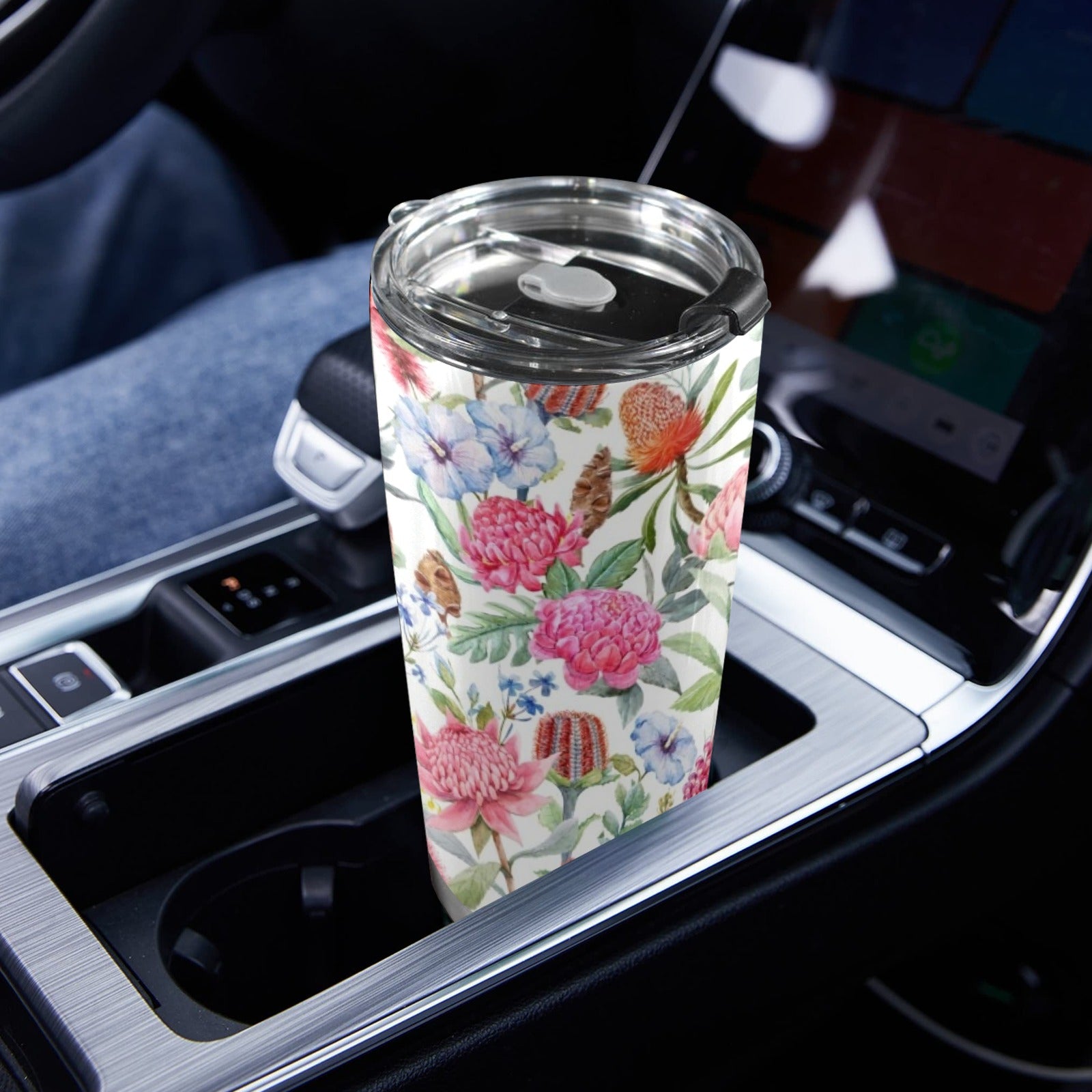 Australian Flowers - 20oz Mobile Tumbler with Lid (Black Lock) 20oz Travel Mug Plants Printed Offshore