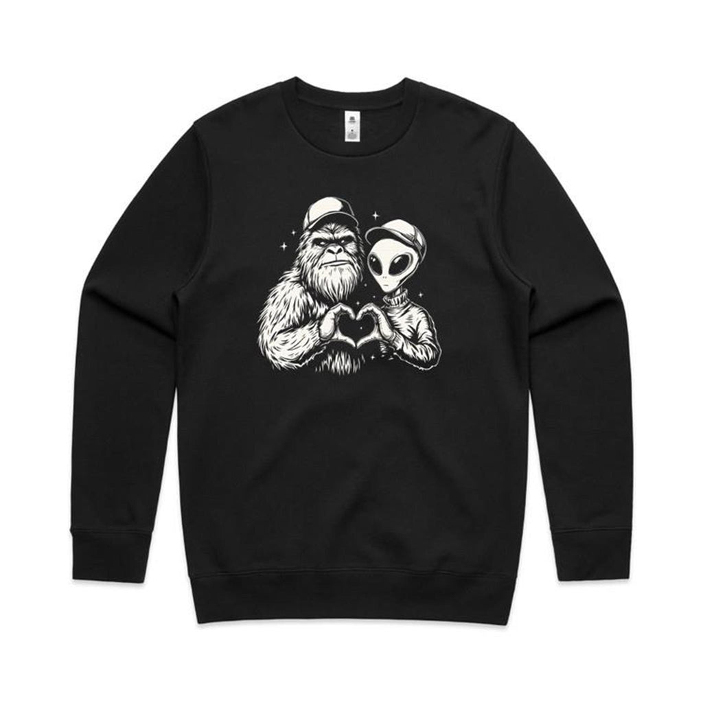 Alien Bigfoot Heart Hands - AS Colour Stencil Crew Black Sweatshirt Love Printed In Australia Sci Fi