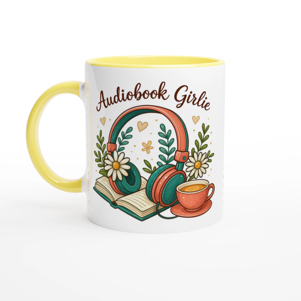 Audiobook Girlie - White 11oz Ceramic Mug with Colour Inside Ceramic Yellow Colour 11oz Mug Globally Fulfilled Reading