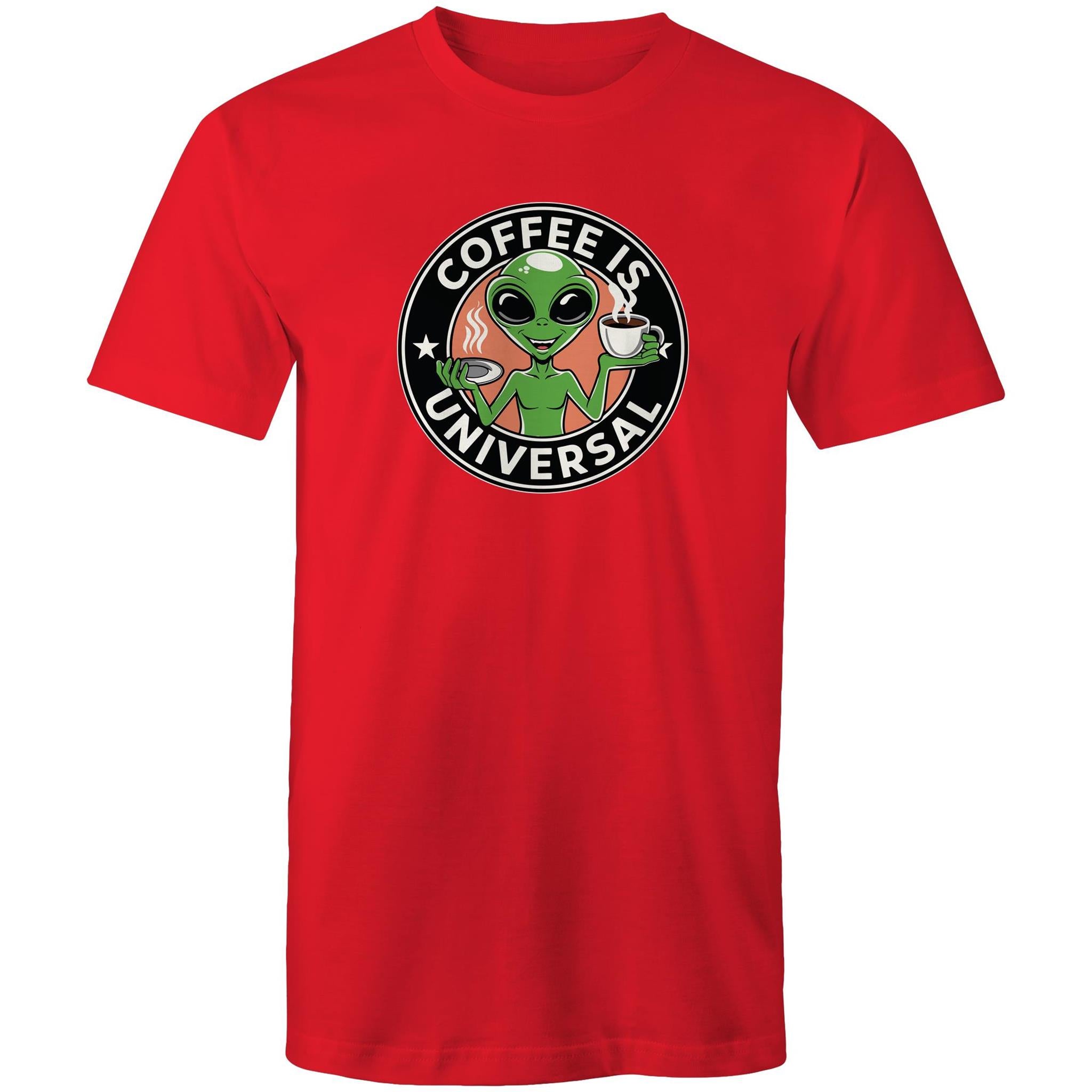 Coffee Is Universal, Alien - Mens T-Shirt Red Mens T-shirt Coffee Printed In Australia Sci Fi