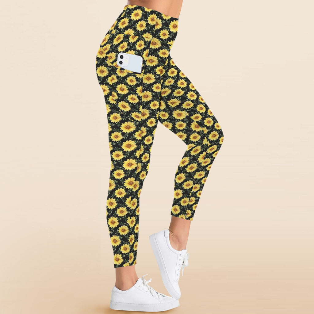 Painted Sunflower Women's High Waist Pockets Yoga Leggings Women's High Waist Pockets Yoga Leggings Plants Printed Offshore