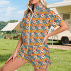 Happy Retro Flowers Women's Windbreaker Short Set Women's Windbreaker Short Set Printed Offshore Retro