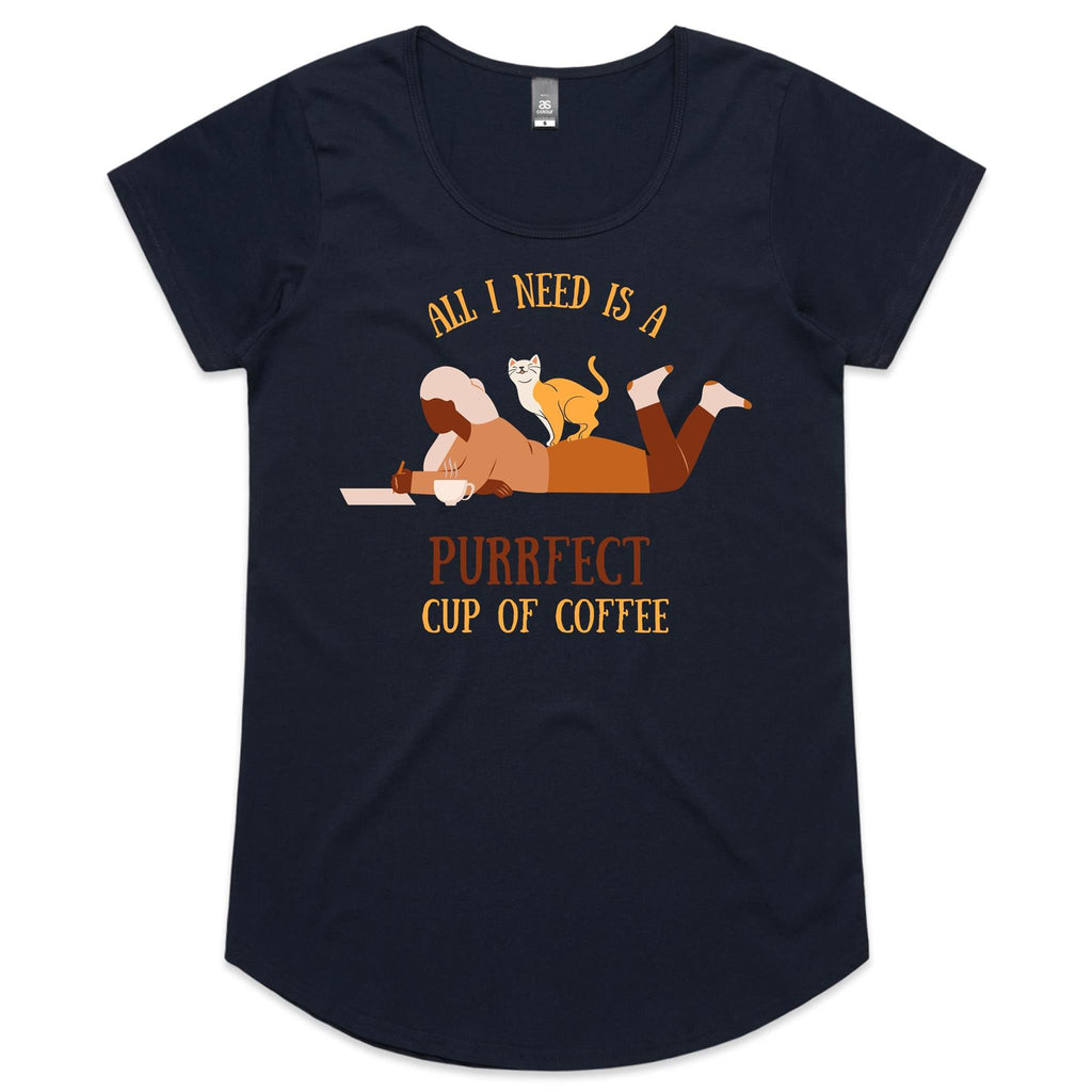 All I Need Is A Purrfect Cup Of Coffee, Cat - Womens Scoop Neck T-Shirt Navy Womens Scoop Neck T-shirt animal Coffee Printed In Australia