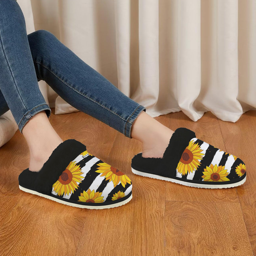 Sunflower Stripes Women's Fur Trim Thick-Sole Indoor Slippers Women's Fur Trimmed Slippers Plants Printed Offshore
