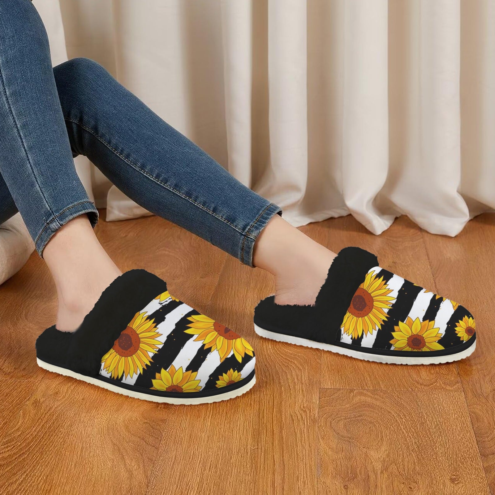 Sunflower Stripes Women's Fur Trim Thick-Sole Indoor Slippers Women's Fur Trimmed Slippers Plants Printed Offshore