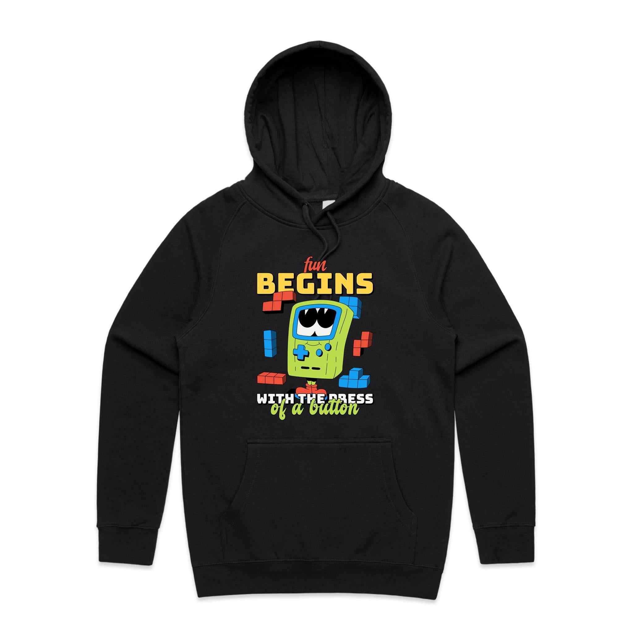 Fun Begins With The Press Of A Button, Games - Mens Hoodie Black Mens Hoodie Games Printed In Australia