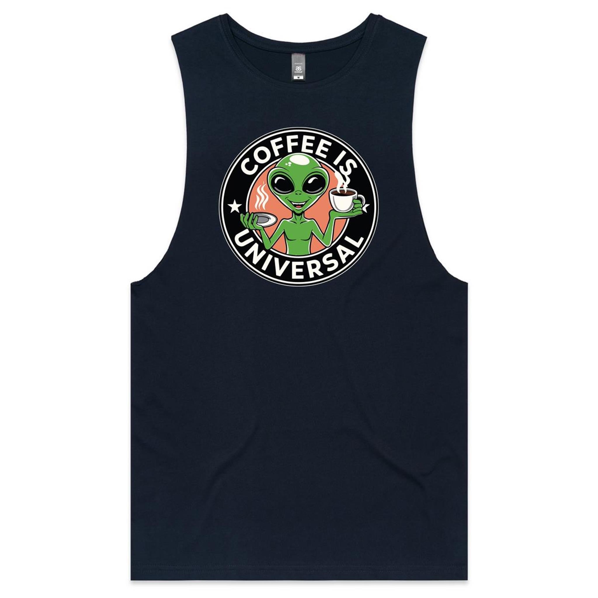 Alien, Coffee Is Universal - Mens Tank Top Tee Navy Drop Arm Tank Top Coffee Printed In Australia Sci Fi