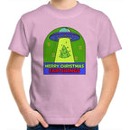 Merry Christmas Earthlings, UFO - Kids Youth T-Shirt Pink Kids Christmas T-shirt Christmas Printed In Australia