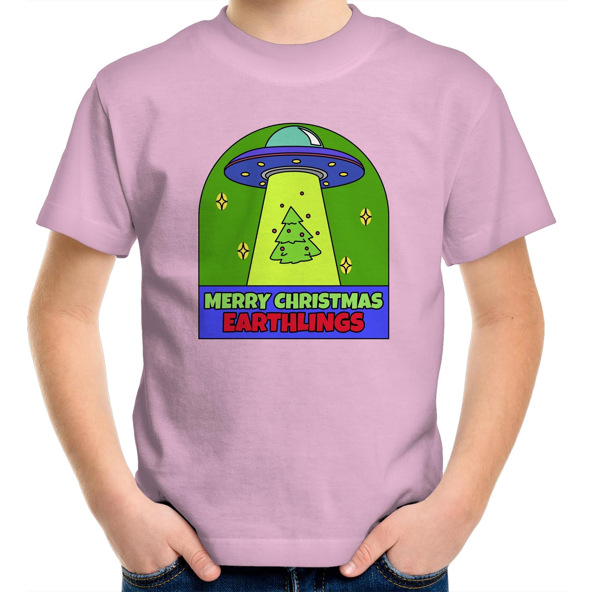 Merry Christmas Earthlings, UFO - Kids Youth T-Shirt Pink Kids Christmas T-shirt Christmas Printed In Australia