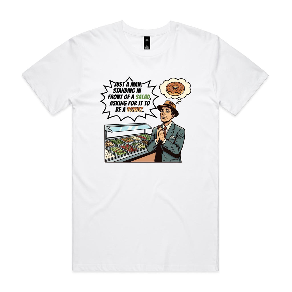 Just A Man Standing In Front Of A Salad Men's AS Colour T-shirt White Mens T-shirt Food Printed In Australia