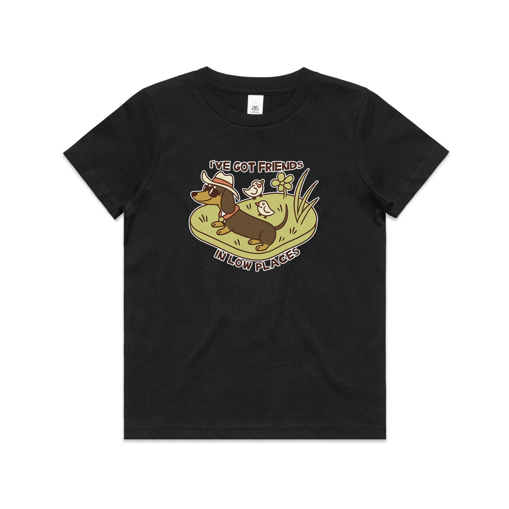 Dachshund, I've Got Friends In Low Places Kid's AS Colour T-shirt Black Kids Youth T-shirt animal Printed In Australia