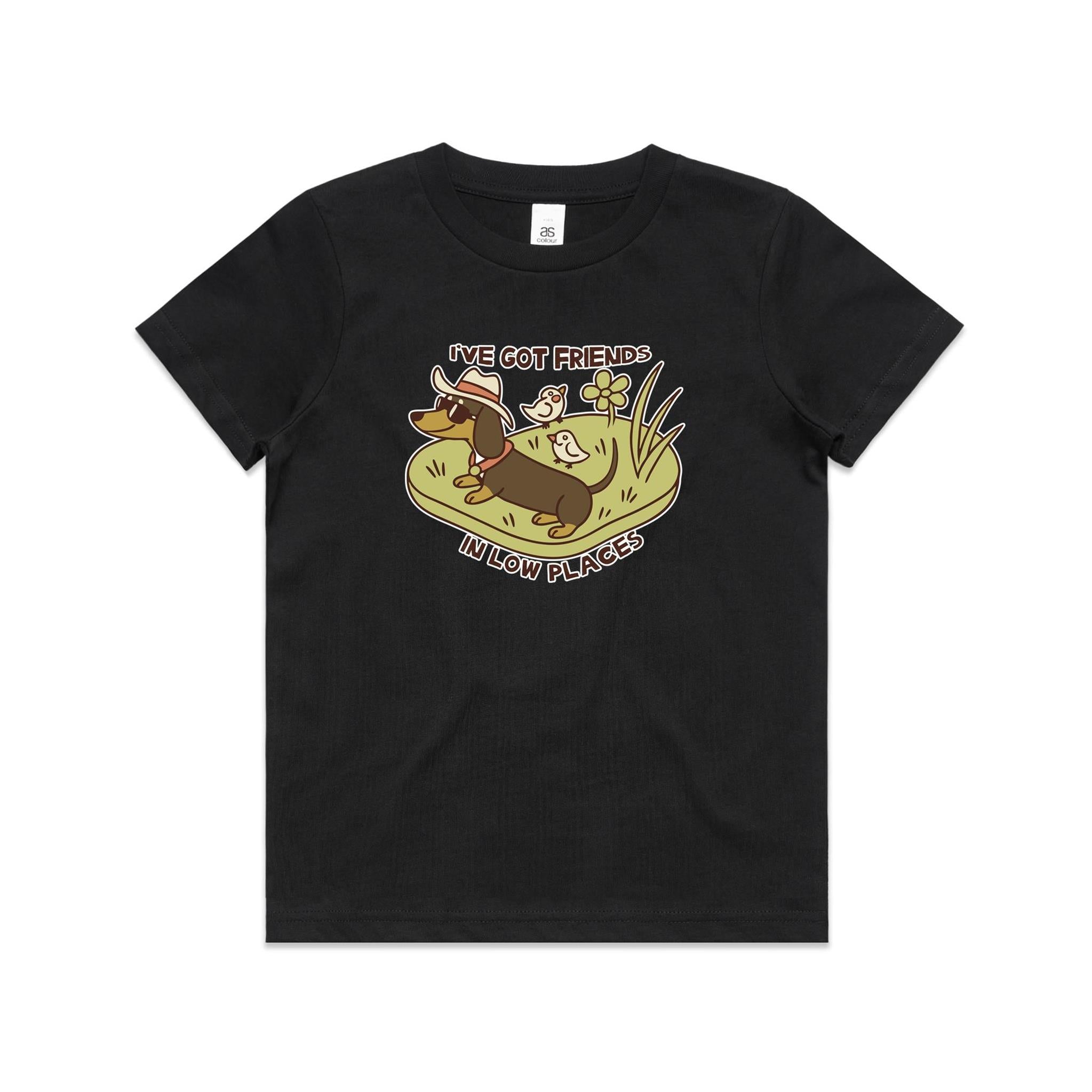 Dachshund, I've Got Friends In Low Places Kid's AS Colour T-shirt Black Kids Youth T-shirt animal Printed In Australia