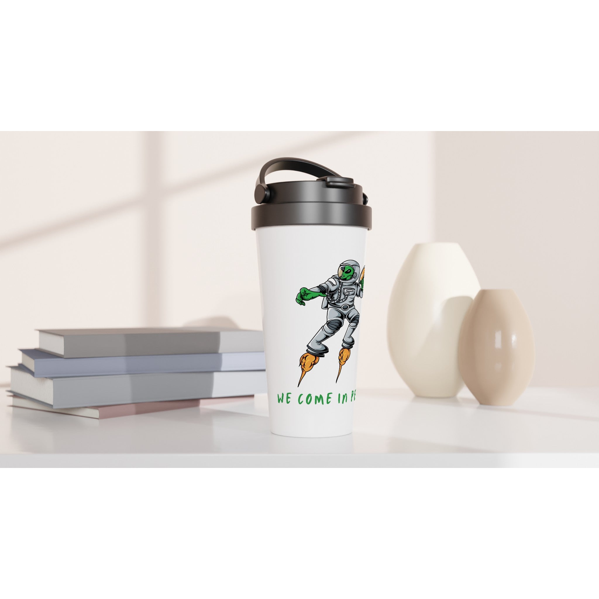 Alien, We Come In Peace - White 15oz Stainless Steel Travel Mug Travel Mug Globally Fulfilled Sci Fi