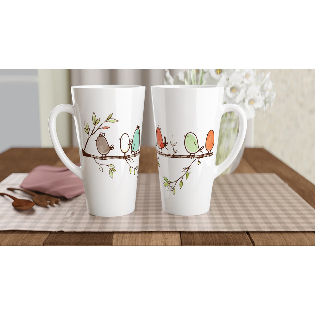 Birds On A Branch - White Latte 17oz Ceramic Mug Latte Mug animal Globally Fulfilled