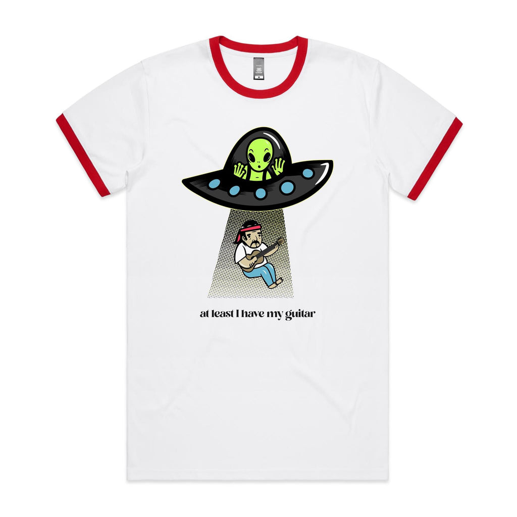 Guitarist Alien Abduction, UFO - Staple Ringer Tee White Red Ringer T-Shirt Music Printed In Australia Sci Fi