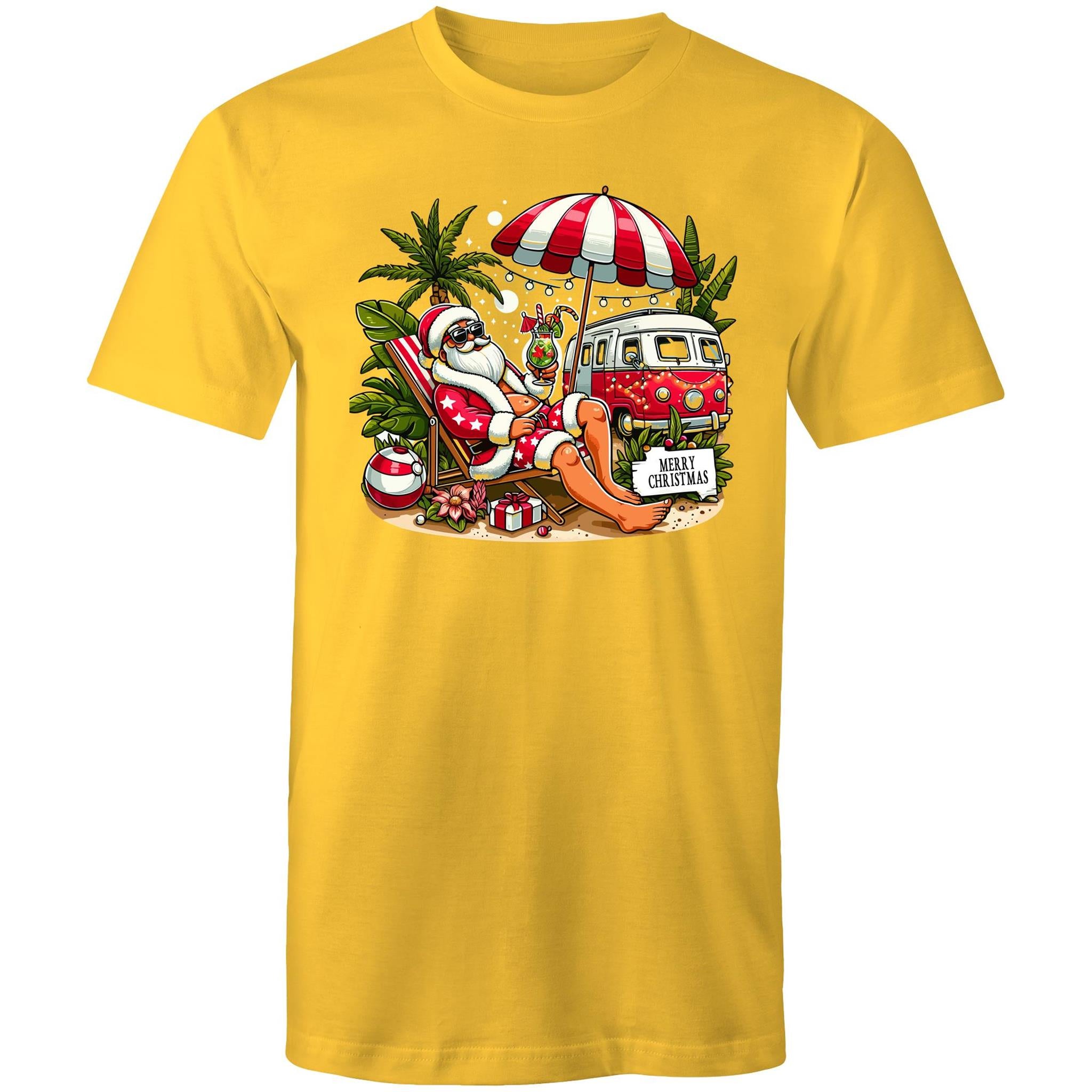 Santa By The Beach - Mens T-Shirt Yellow Mens Christmas T-shirt Christmas Printed In Australia