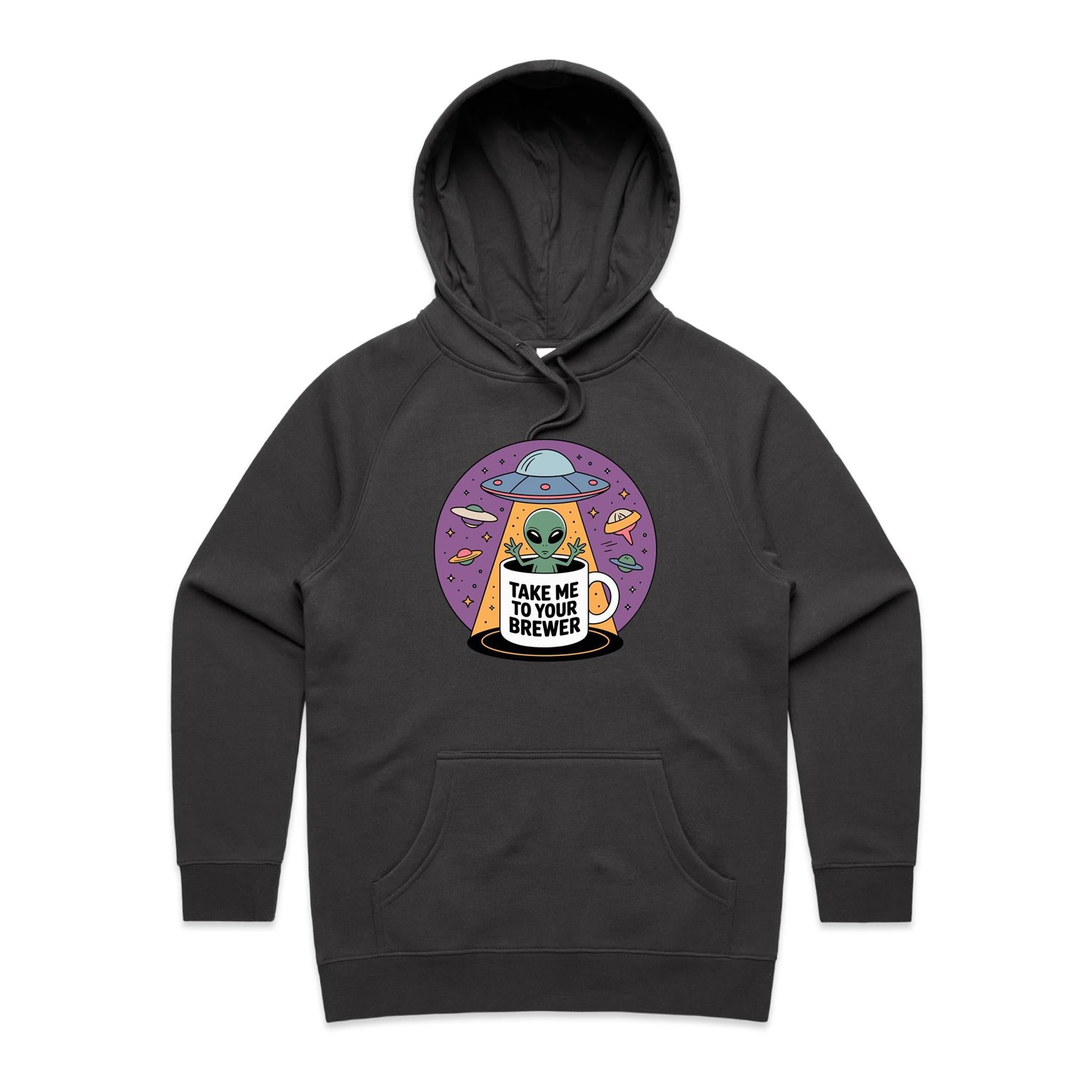 Coffee, Alien, UFO, Take Me To Your Brewer Women's AS Colour Hoodie Coal Womens Hoodie Coffee Printed In Australia Sci Fi
