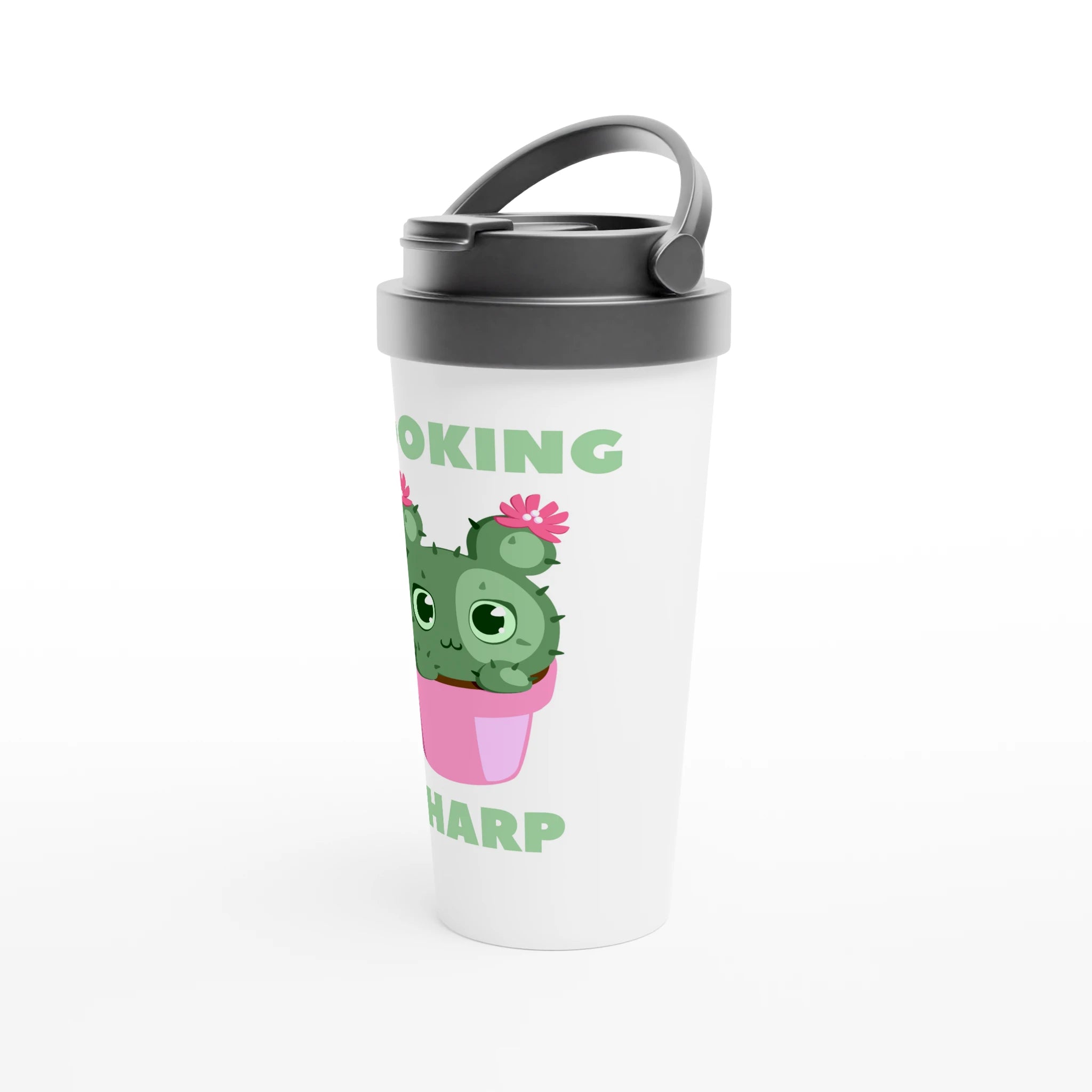 Looking Sharp - White 15oz Stainless Steel Travel Mug Travel Mug black lid cacti cactus coffee cute flower garden handle plant screw on lid spill proof to go