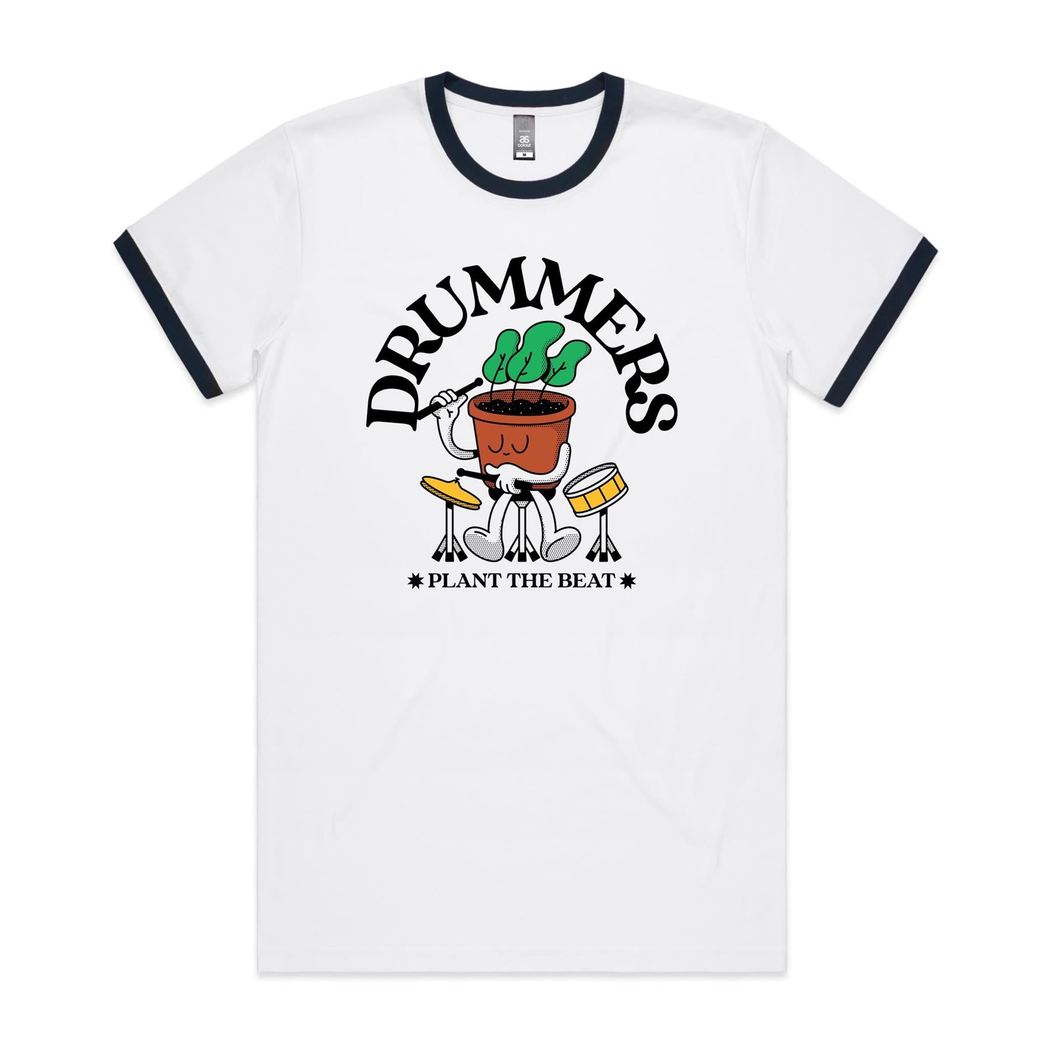 Drummers Plant The Beat - Staple Ringer Tee White Navy Ringer T-Shirt Music Printed In Australia