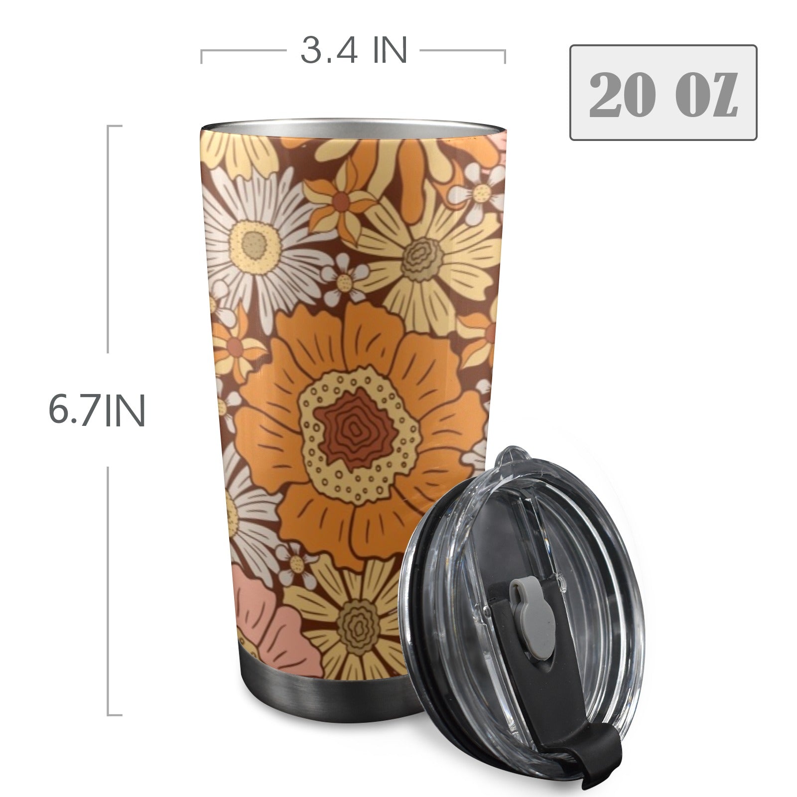 Orange Retro Floral 20oz Mobile Tumbler with Lid (Black Lock) 20oz Travel Mug Plants Printed Offshore