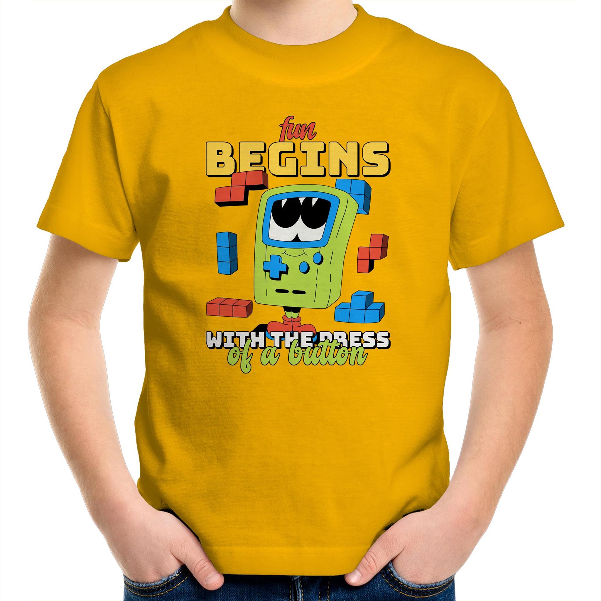 Fun Begins With The Press Of A Button, Video Game - Kids Youth T-Shirt Gold Kids Youth T-shirt Games Printed In Australia