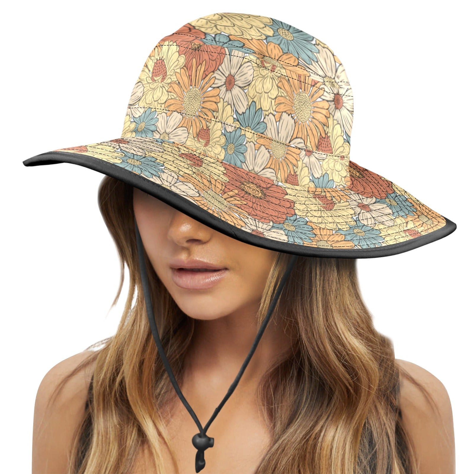 Vintage Retro Floral - Wide Brim Bucket Hat Wide Brim Bucket Hat Plants Printed Offshore Retro