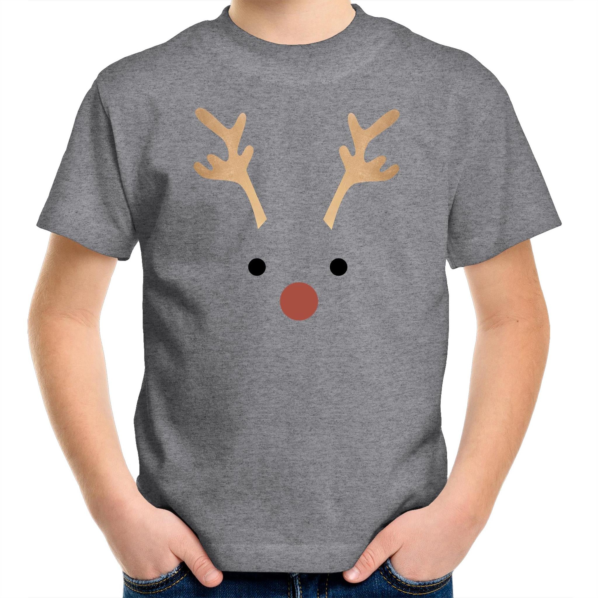 Red Nose Reindeer - Kids Youth T-Shirt Grey Marle Kids Christmas T-shirt Christmas Printed In Australia