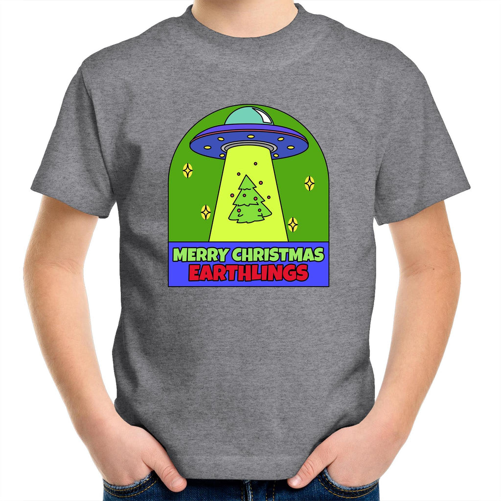 Merry Christmas Earthlings, UFO - Kids Youth T-Shirt Grey Marle Kids Christmas T-shirt Christmas Printed In Australia