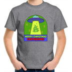 Merry Christmas Earthlings, UFO - Kids Youth T-Shirt Grey Marle Kids Christmas T-shirt Christmas Printed In Australia