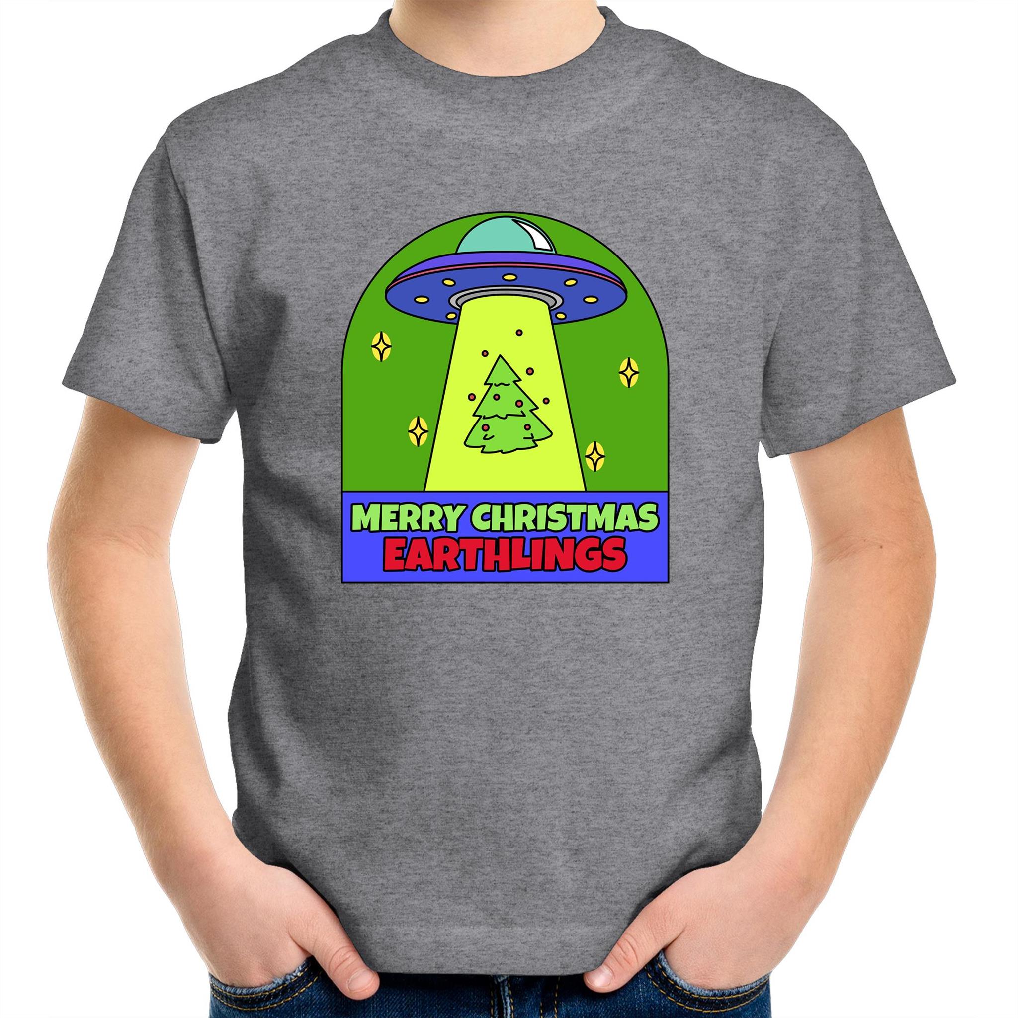 Merry Christmas Earthlings, UFO - Kids Youth T-Shirt Grey Marle Kids Christmas T-shirt Christmas Printed In Australia