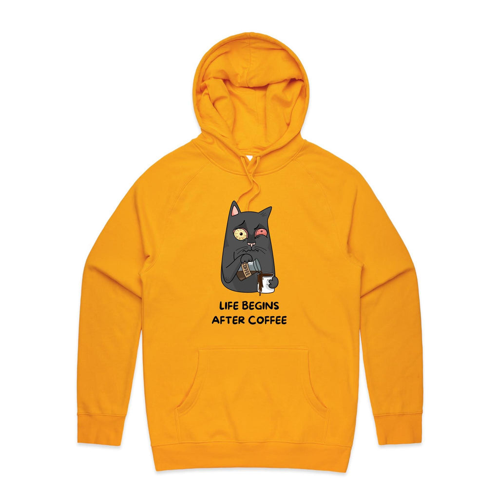 Life Begins After Coffee, Cat - Mens Hoodie Gold Mens Hoodie animal Coffee Printed In Australia
