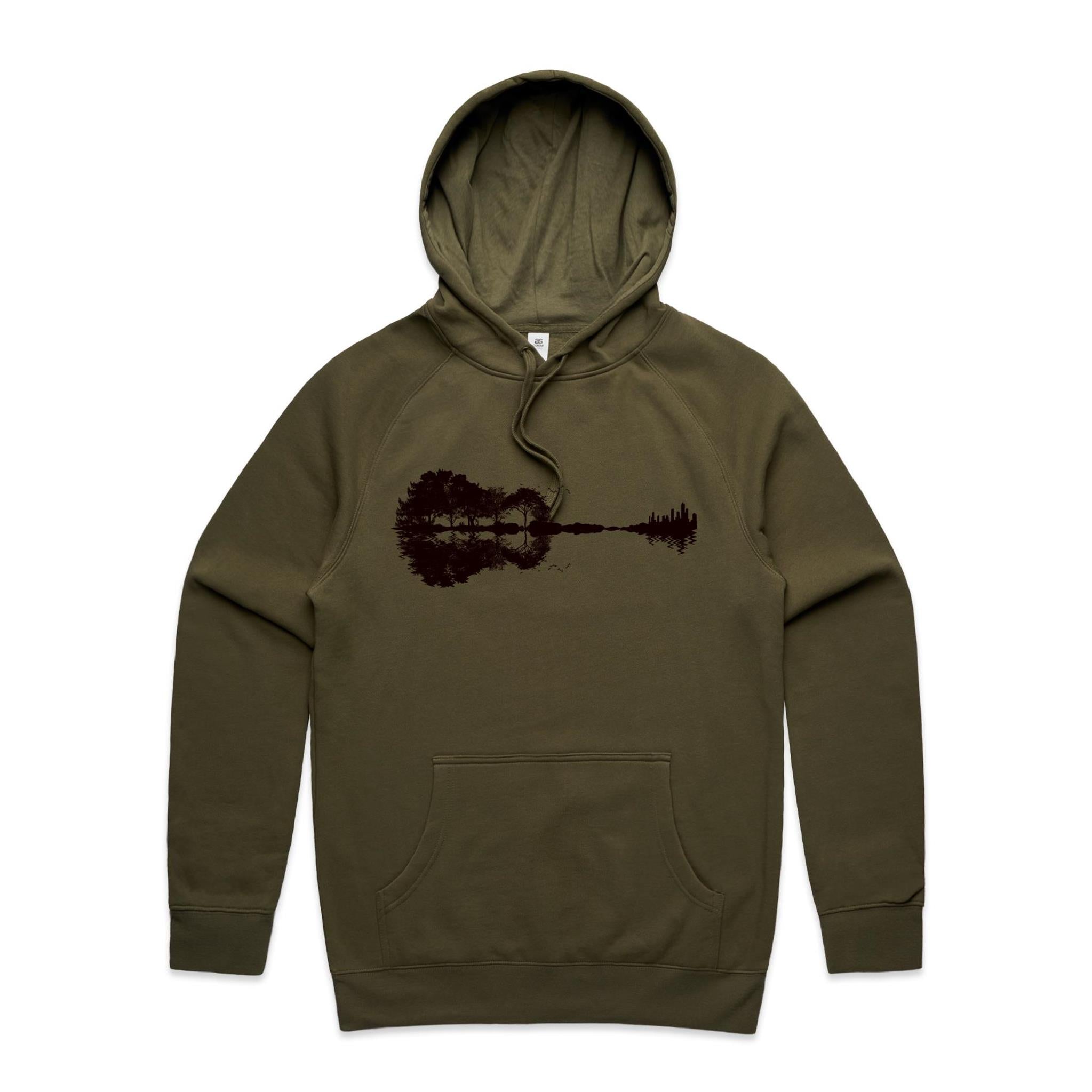 Guitar Reflection - Mens Hoodie Army Mens Hoodie Music Printed In Australia