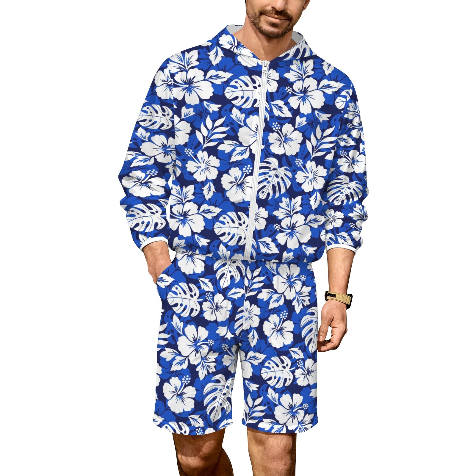 Blue Hawaiian Floral Men's Lightweight Sun Hoodie & Shorts Set 4XL Men's Lightweight Sun Hoodie & Shorts Plants Printed Offshore