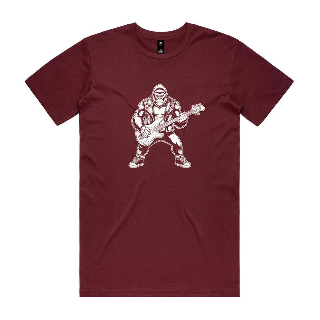 Gorilla Bass Player Men's AS Colour T-shirt Burgundy Mens T-shirt animal Music Printed In Australia