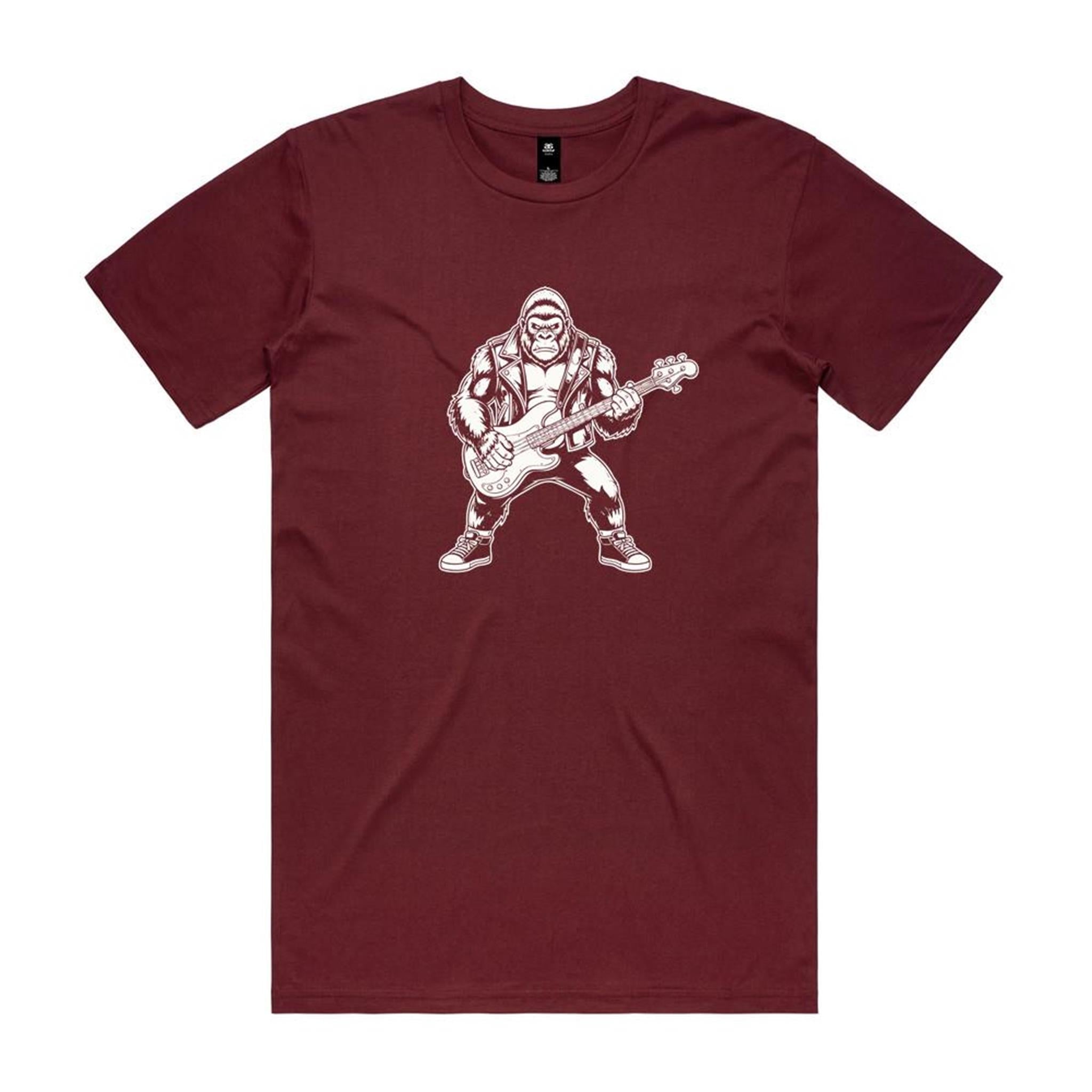 Gorilla Bass Player - Men's AS Colour T-shirt Burgundy Mens T-shirt animal Music Printed In Australia