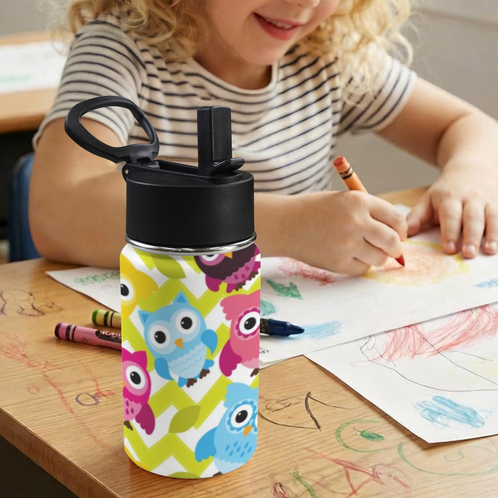 Owls On Stripes 12oz Kids Water Bottle with Straw Lid