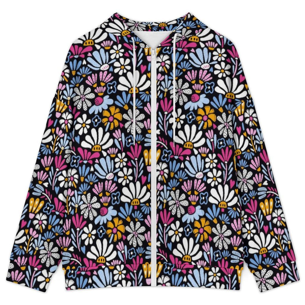 Graphic Flowers On Black Women's Full-Zip Hoodie
