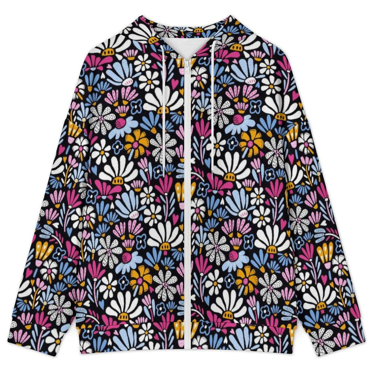 Graphic Flowers On Black Women's Full-Zip Hoodie