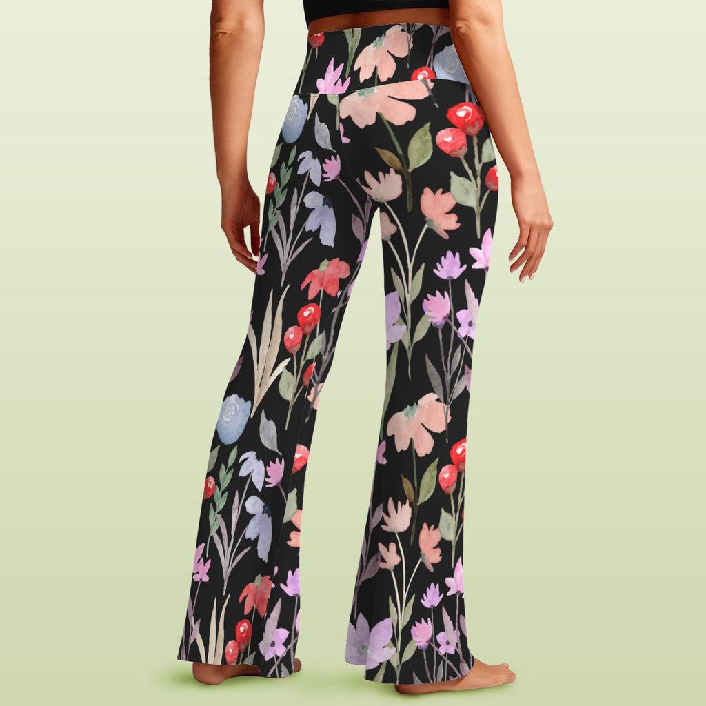 Floral Watercolour High Waist Crossover Tummy Control Flare Leggings High Waist Flare Leggings Plants Printed Offshore