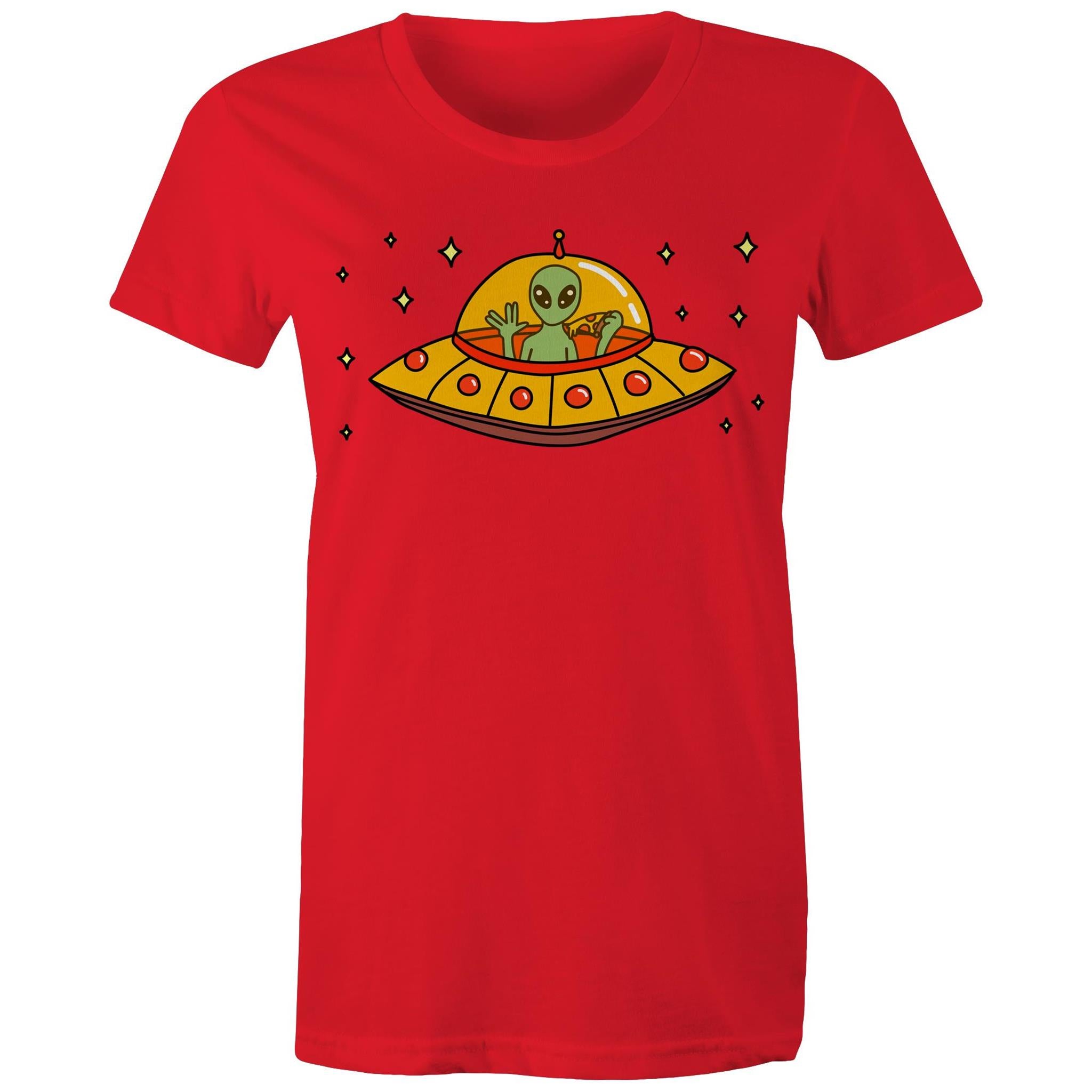 Alien Pizza - Womens T-shirt Red Womens T-shirt Food Printed In Australia Sci Fi